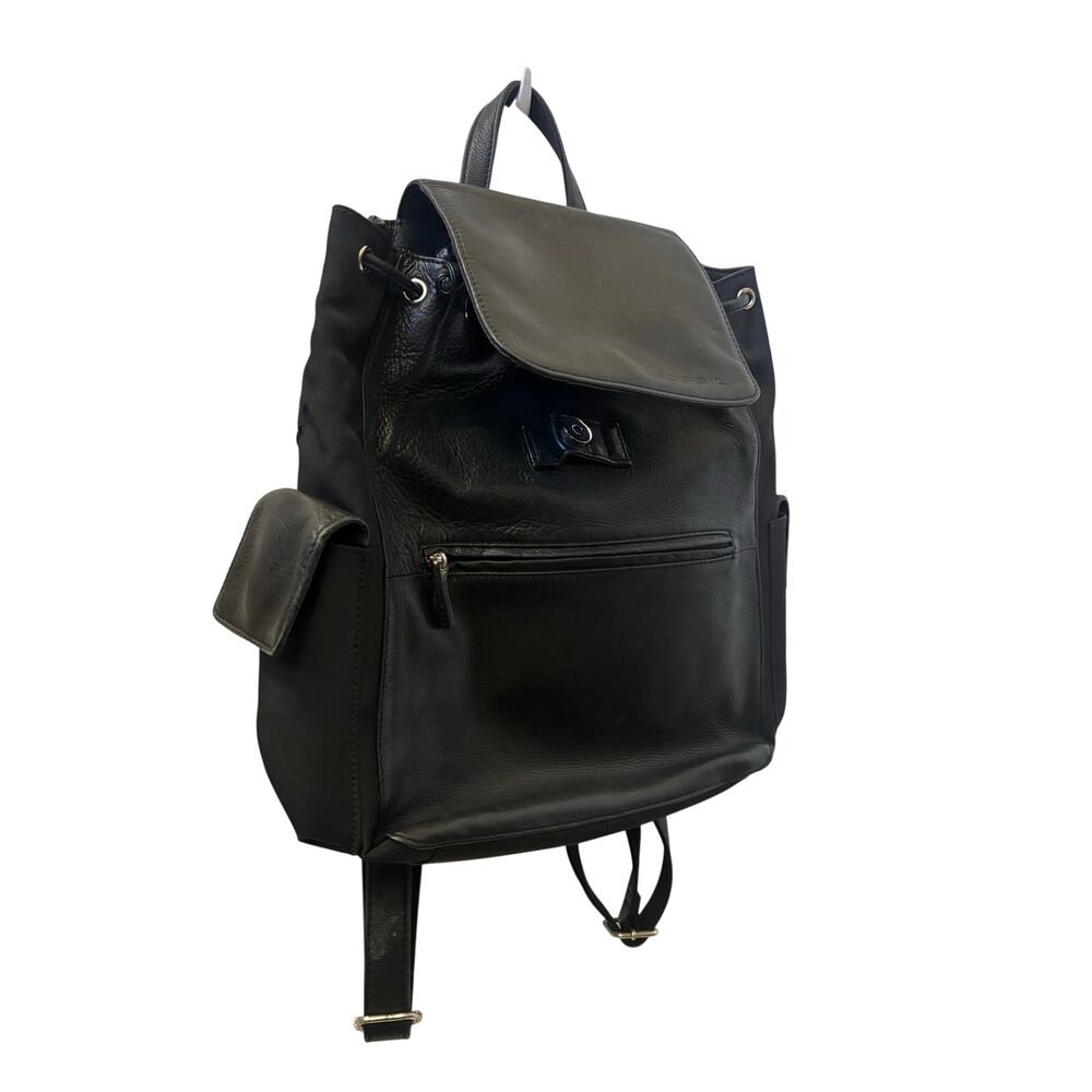 Fossil Black Leather & Nylon Backpack 12x12x4 Drawstring Travel Daypack